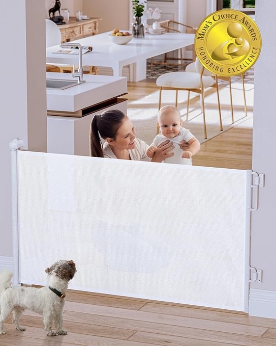 Cumbor Retractable Baby Gate Dog Gate for Stairs Indoor, Extends up to 55" Wide Mesh Dog Gate for Doorways, 34" Tall Safety Dog Gates for The House, Easy to Use Pet Gate for Stairway & Ourdoors
