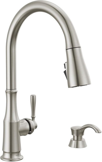 Delta Faucet Capertee Brushed Nickel Kitchen Faucet with Soap Dispenser, Kitchen Faucets with Pull Down Sprayer, Kitchen Sink Faucet with Magnetic Docking Spray Head, Spotshield 19877Z-SPSD-DST