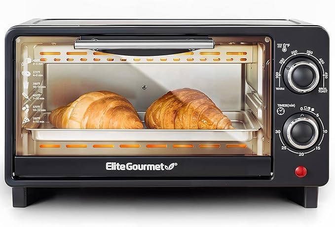 Elite Gourmet ETO490 9L/4 Slice Countertop Toaster Oven with 30-Minute Timer, Adjustable Temperature Control, Includes Baking Pan and Wire Rack, Bake, Broil, Toast, Black
