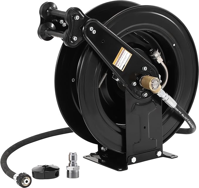 High Pressure Washer Hose Reel for Water/Air/Oil, 3/8" X 50 FT Steel Dual Arm Auto-Retractable Power Wash Hose Reel, Heavy Duty Hose Reel 4000 PSI