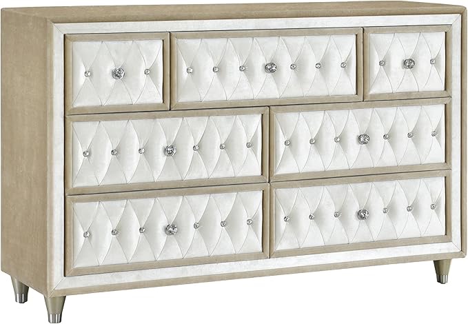 Coaster Home Furnishings 223523 Antonella Tufted Upholstered 7 Drawer Dresser - Ivory and Camel Velvet