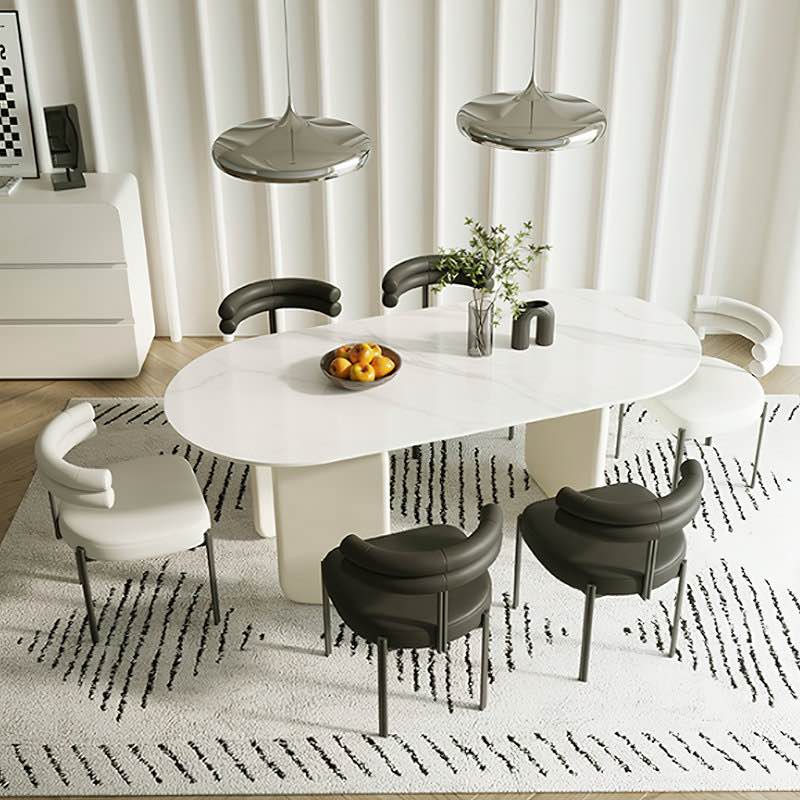 Modern Cream Faux Marble Oval Dining Table with Unique 3-Leg Base