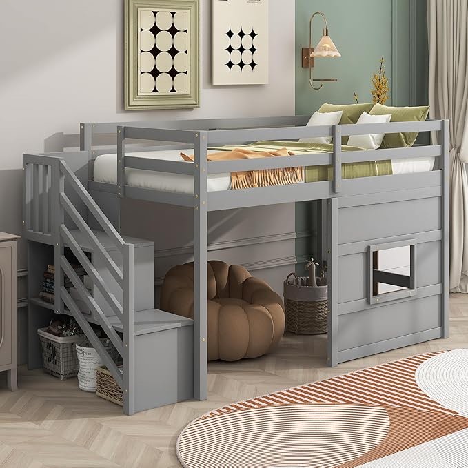 Harper & Bright Designs Low Loft Bed with Stairs, Twin Bed Frame for Kids with Storage, Gray