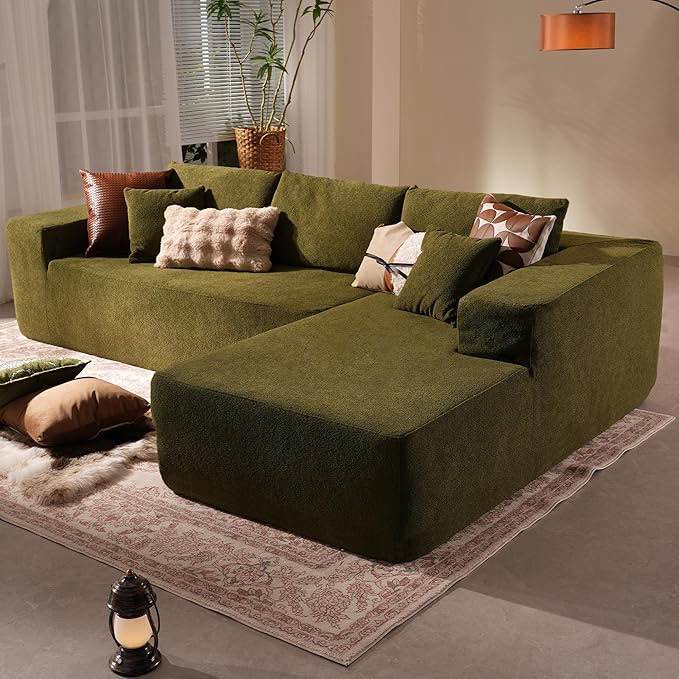 Cloud Sectional Couch with Chaise Longue,L Shaped Modular Modern Sofa,Comfy Velvet Fluffy Couch with Deep Seat,No Assembly Required Couch for Living Room (Right,Cloudy Velvet,Green)