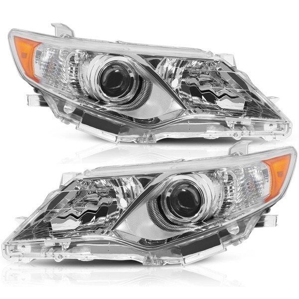 ALZIRIA Headlight Assembly Fit For 12 2012 Camry 13 2013 Camry 14 2014 Camry 2012-2014 12-14 Toyota Camry SE/L/LE/XLE/Hybrid Passenger and Driver Side (Chrome Housing Amber Reflector)
