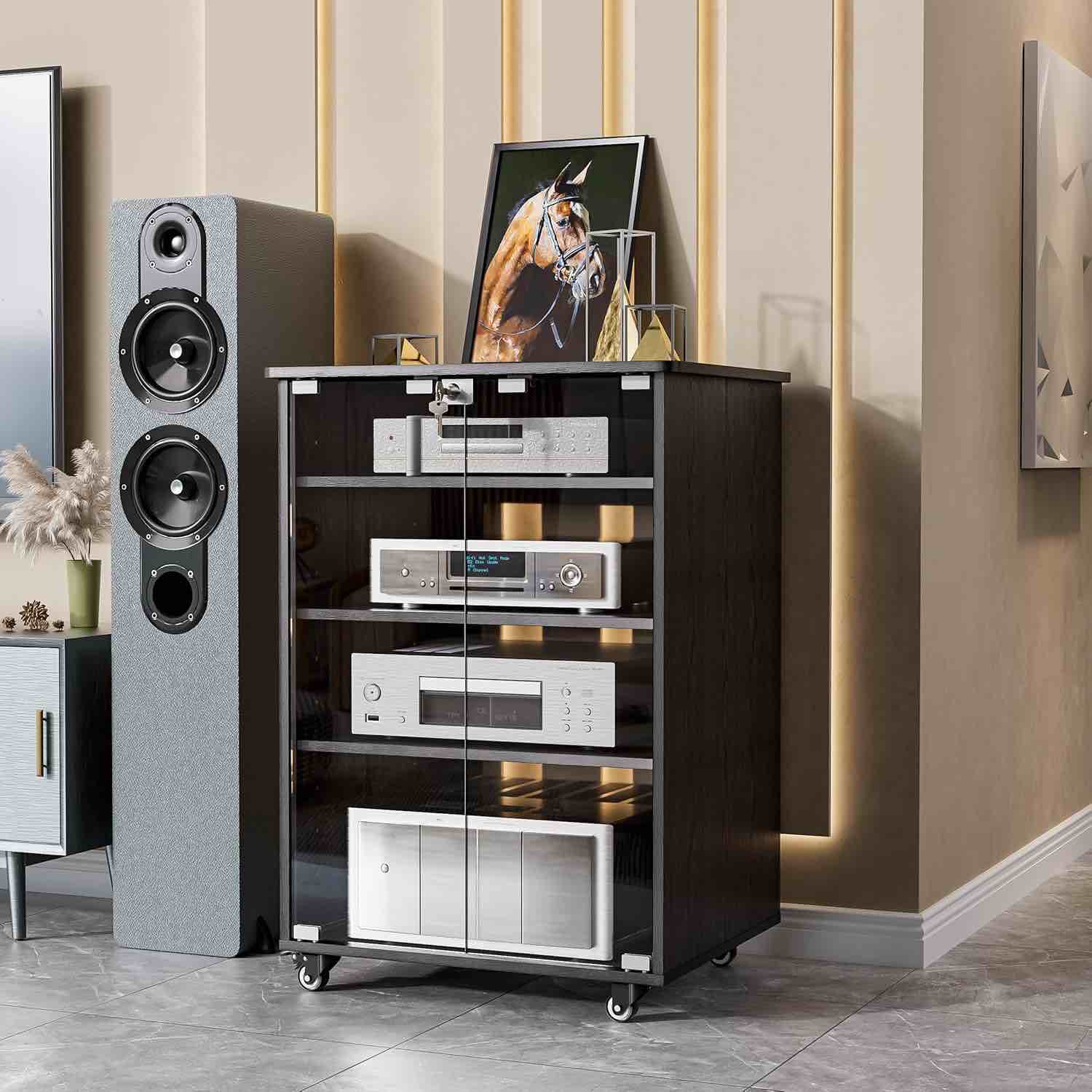 PAKASEPT Media Storage Cabinet, Audio Video Media Stand Cabinet with 4 Shelves Height Adjustable Modern AV Cabinet with Glass Doors Lock and Brake Wheel