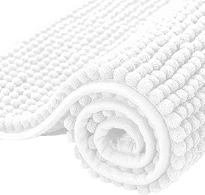 subrtex Bathroom Rugs Chenille Bath Rug Soft Short Plush, Water Absorbent Shower Mat Quick Dry Machine Washable(White,16" x 24")