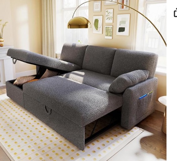 VanAcc Sofa Bed, Sleeper Sofa with Storage Chaise- 2 in 1 Pull Out Couch Sofa for Home Office, Living Room, Comfy Sofa Sleeper, Grey Boucle Couch