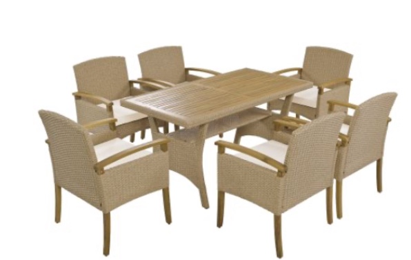 OUTDOOR PATIO 7-PIECE DINING TABLE SET ALL WEATHER PE RATTAN DINING SET WITH WOOD TABLETOP AND CUSHIONS FOR 6; WHITE 
