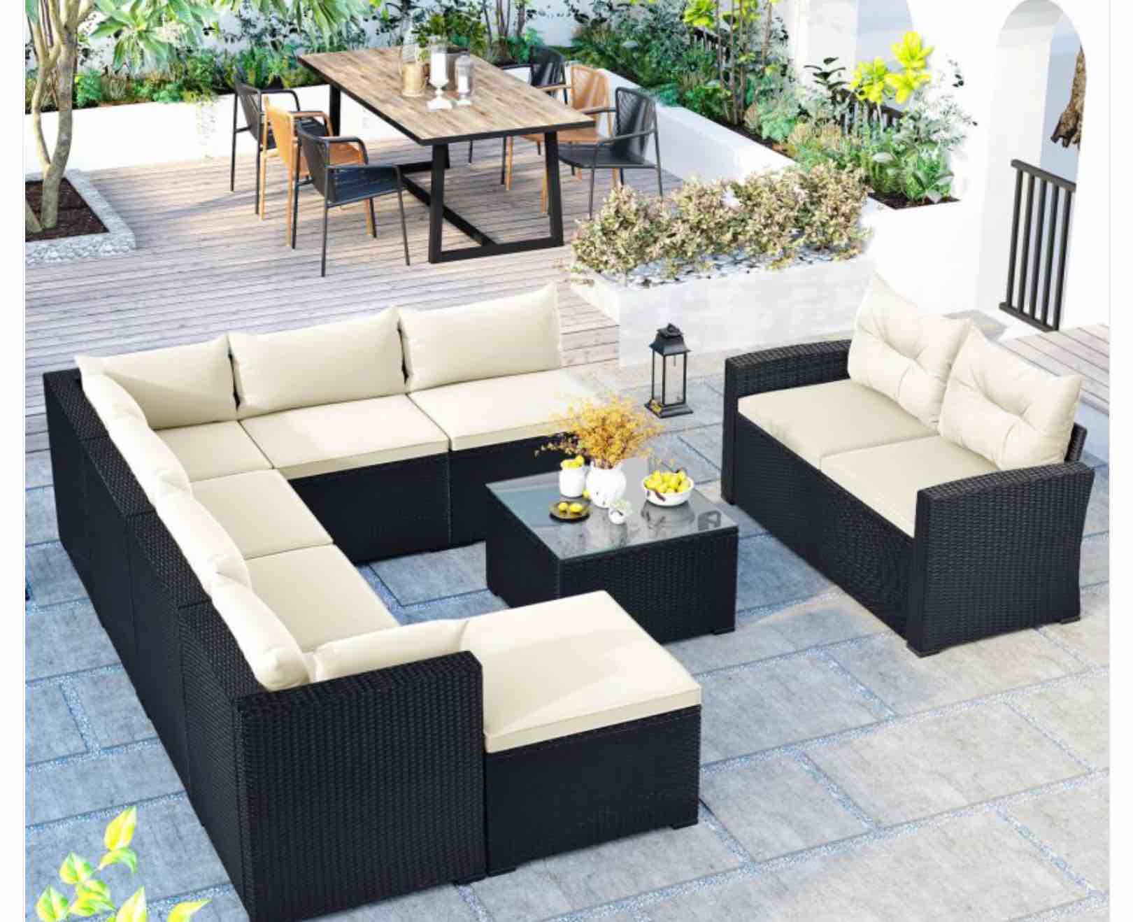 Outdoor Patio Large Wicker Sofa Set, Black Wicker, Beige Cushion ( See Description)