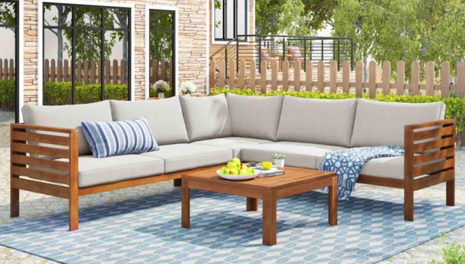 Wood Structure Outdoor Sofa Set w/ Beige Cushions 