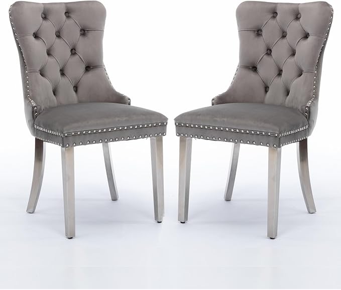 Dining Chair Parson's Chairs Tufted Solid Wood Contemporary Velvet Upholstered Chair with Chrome Stainless Steel Plating Legs,Nailhead Trim (Set of 2) (Gray and Chrome, SW1701GY)