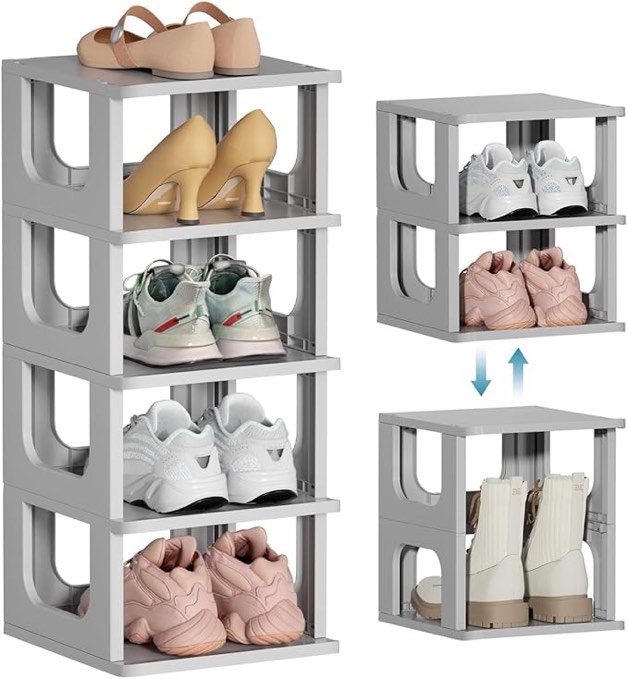 Shoe Organizer Rack for Small Spaces 3 Tier Plastic Vertical Narrow Shelves for Closet Black Shoe Holder, Stand for Entryway Storage Boots Organizer Stackable Cabinet