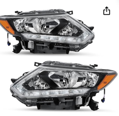 Headlight Assembly Fit for 2014 2015 2016 Nissan Rogue Halogen Headlamps with LED DRL Driver & Passenger Side