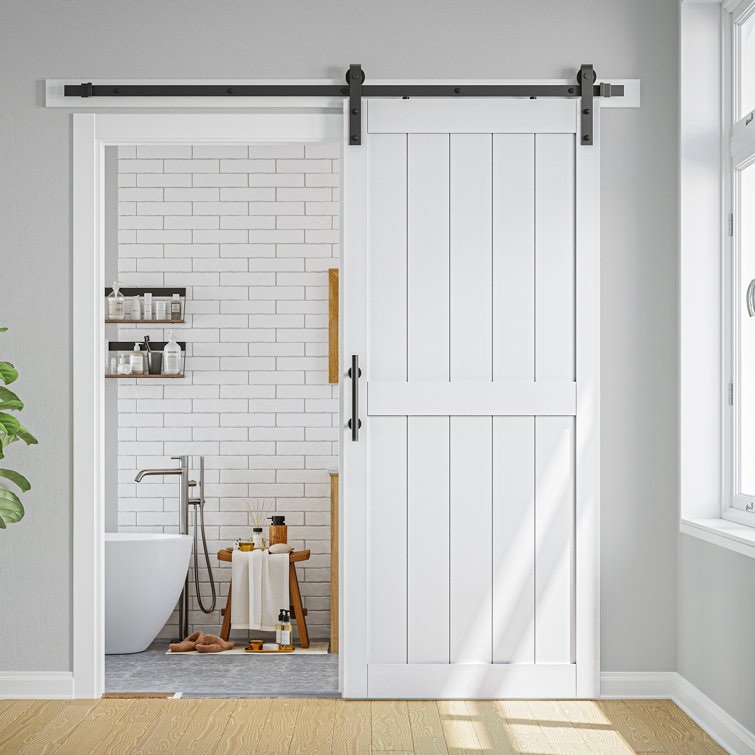 30'' ×96'' White Manufactured Paneled Wood Barn Door with Installation Hardware