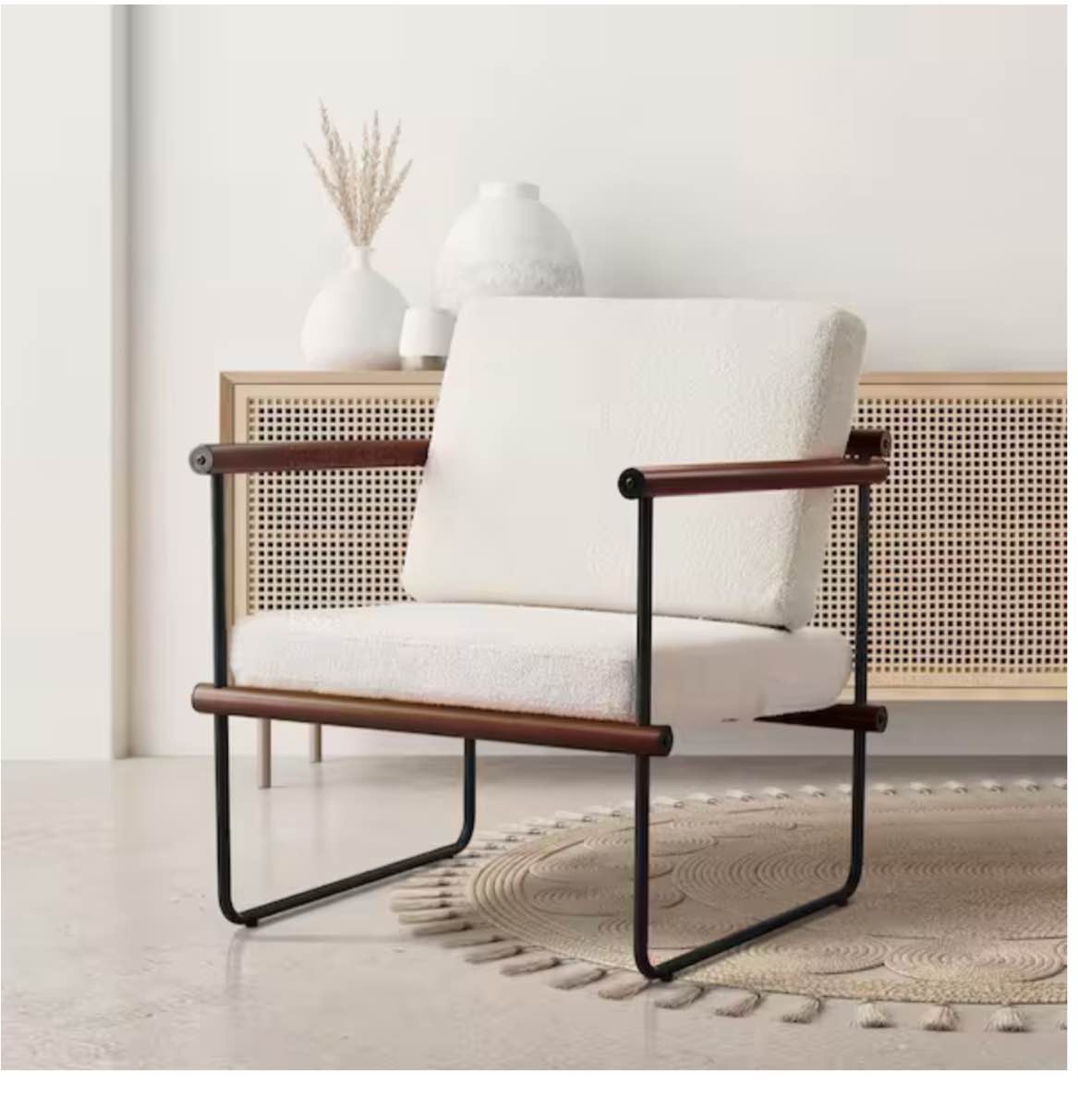 Dark Brown Sherpa Boucle Upholstered Accent Chair Armchair with Metal Frame and Solid Wood Armrests