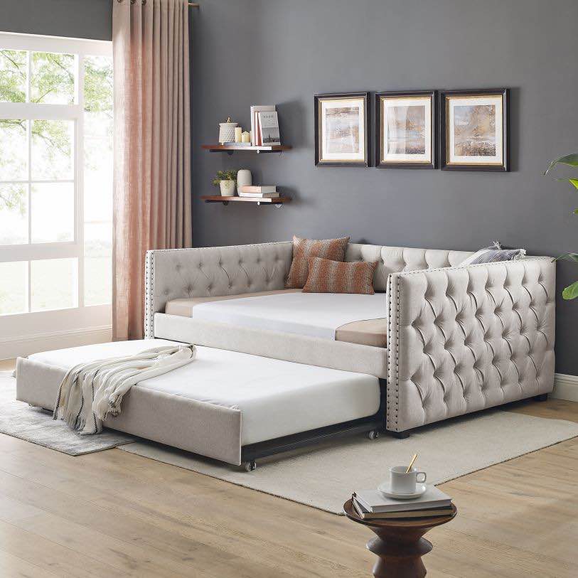 Daybed w/ Twin Trundle Upholstered Tufted Sofa Bed, Beige ( incomplete only Arm-Beg ) 