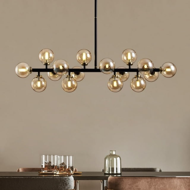 HOOMEDELIER Mid Century Modern Chandelier for Dining Room, 39" Linear Pendant Light Fixtures with Amber Glass Globe, 16-Light Sputnik Hanging Light