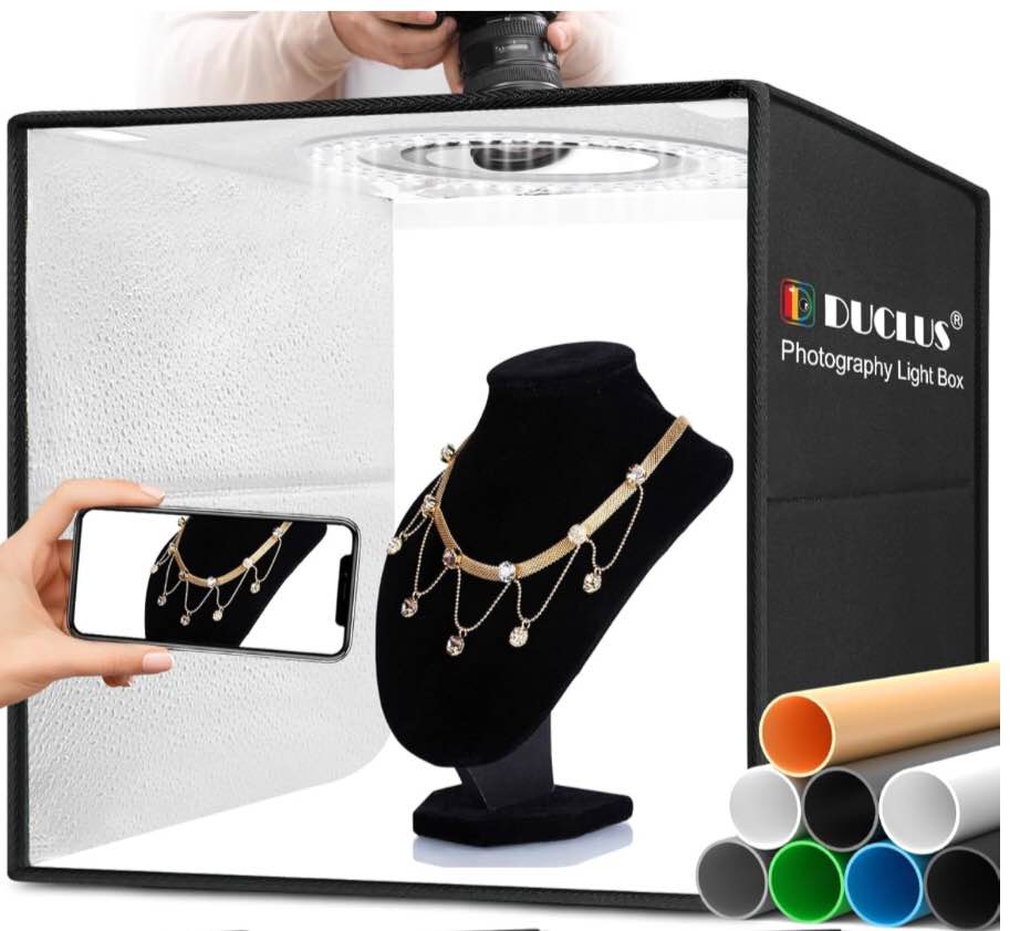 DUCLUS Light Box Photography, 16x16 inch Portable Photo Studio Box with 160 LED Dimmable Lights, 6 PVC & 2 Paper Backdrops for Product Photography.