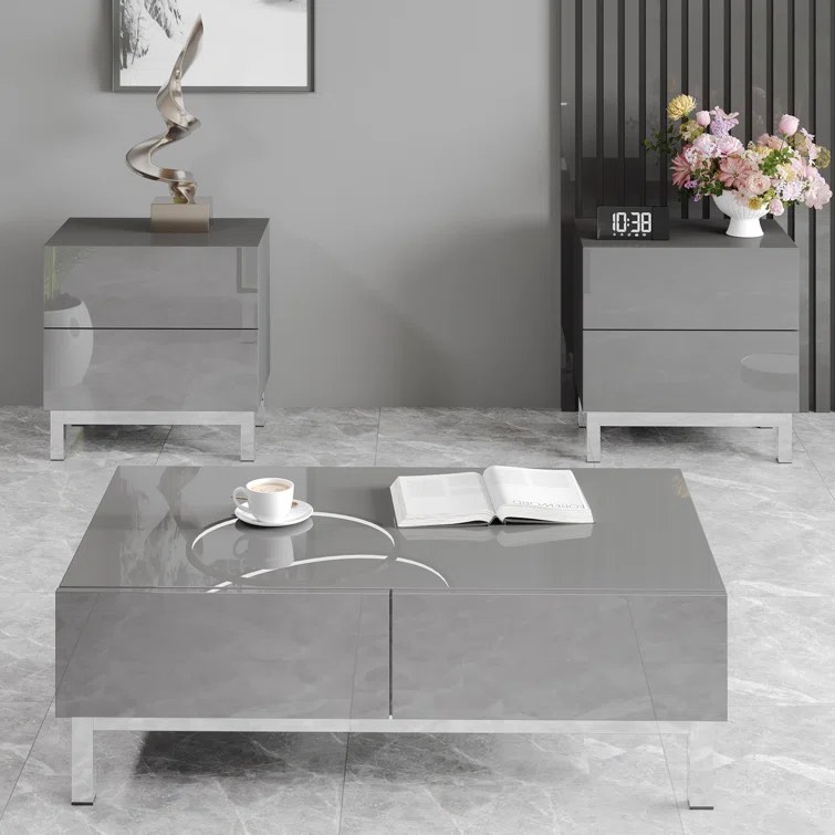 Gray Eildhi High Gloss Electroplated Coffee Table Sets Of 3, Modern Minimalist Center Table & 2 X End Tables Set, Magnetic Storage Drawers Rectangular Cocktail Table For Living Room, Waiting Area, Grey (Incomplete, Only 1 Piece)