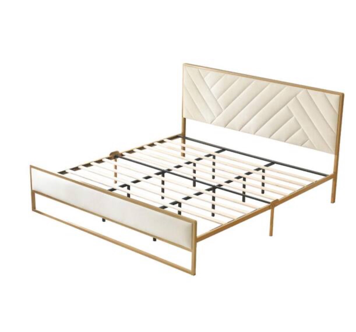Cream White Frame King Size Velvet Platform Bed with 10 in. Under Bed Storage Supported by Metal and Wooden Slats