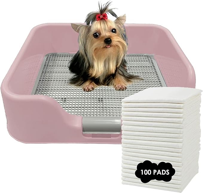 PS KOREA] Indoor Dog Potty Tray – with Protection Wall Every Side for No Leak, Spill, Accident - Keep Paws Dry and Floors Clean (Pink) + Pee PAD 100 PCS