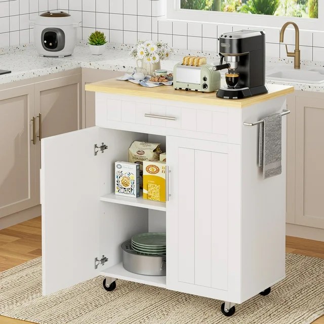 Walsunny Kitchen Island on Wheels with Storage, Kitchen Cart with Drawer and Countertop, 2 Doors Storage Cabinet for Dining Room Living Room, White