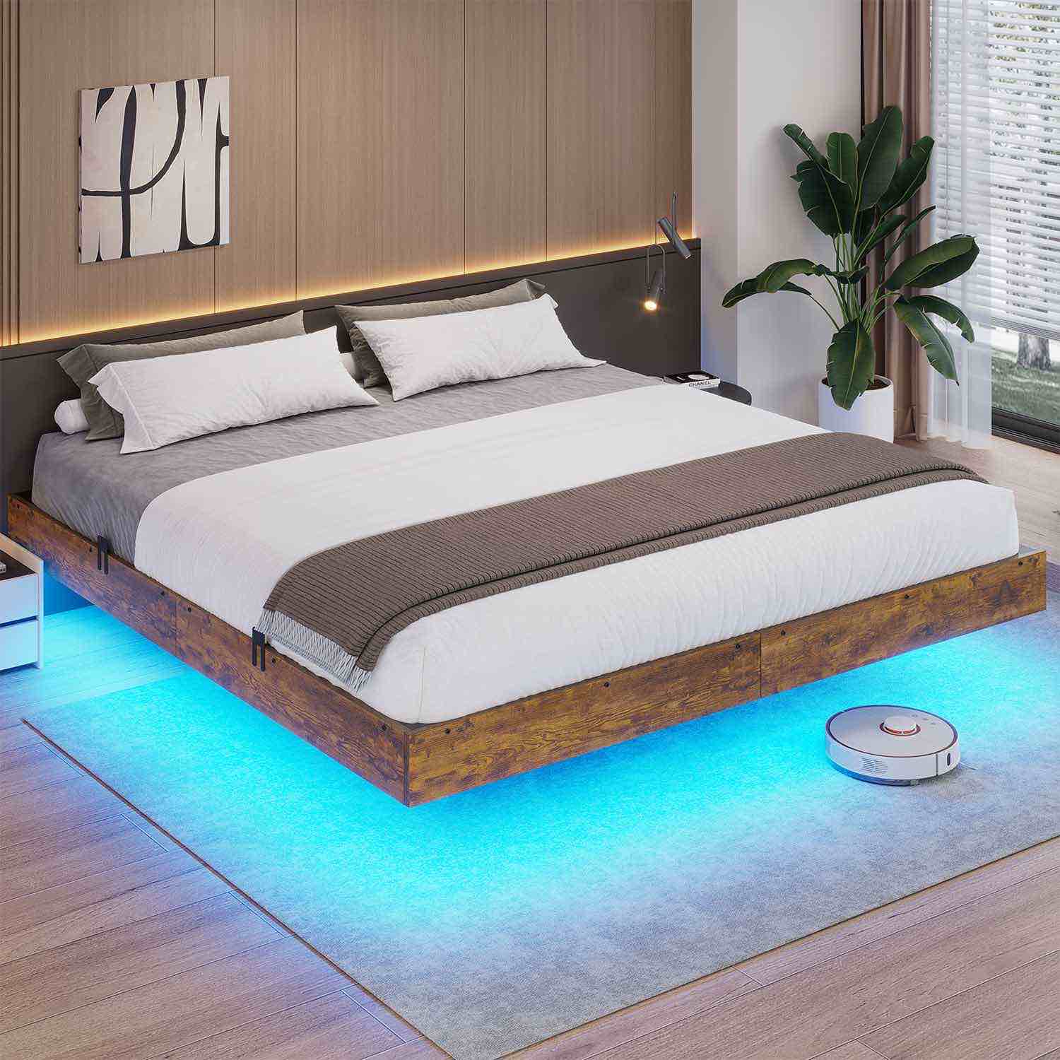 Floating Industrial Wooden Metal Platform Bed Frame With LED Lights Noise Free No Box Spring Needed Vintage Brown INCOMPLETE ( size unknown)