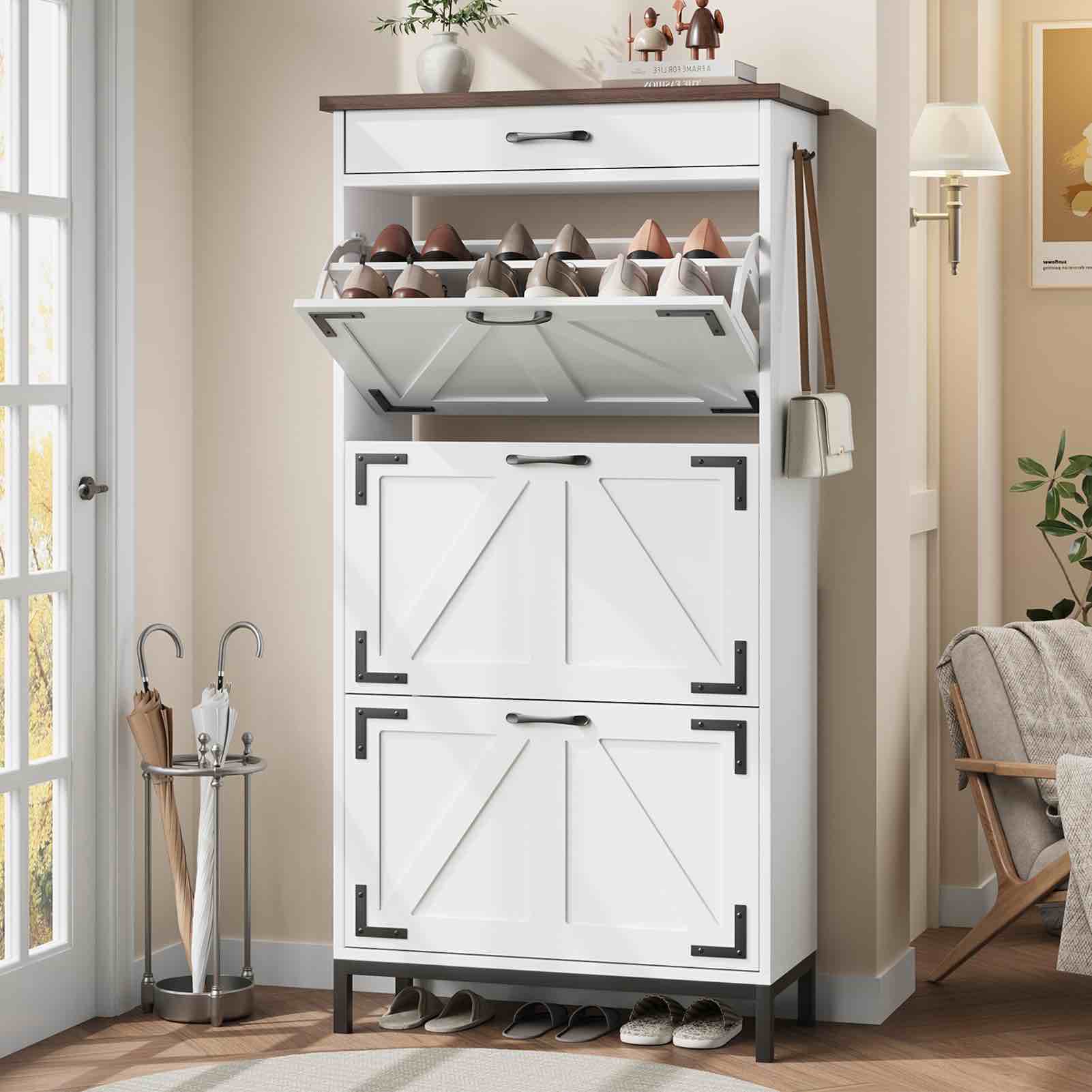 Shoe Cabinet Storage for Entryway Hidden Shoes Storage Cabinet Farmhouse Narrow Shoe Organizer Cabinet with 3 Flip Drawers, Free Standing Slim Shoe Cabinet for Door Entry, Foyer, Hallway