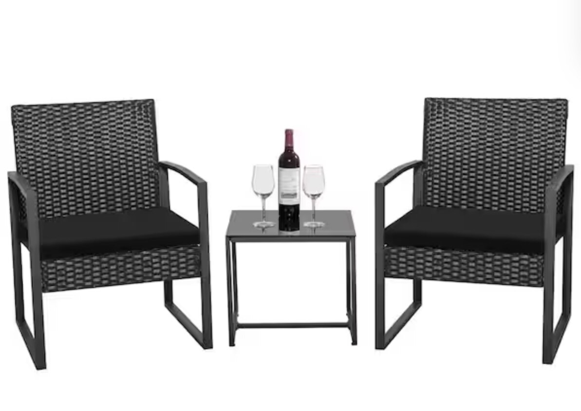 Black 3-Piece Patio Sets Steel Outdoor Wicker Patio Furniture Sets Outdoor Bistro Set with Black Cushion INCOMPLETE 