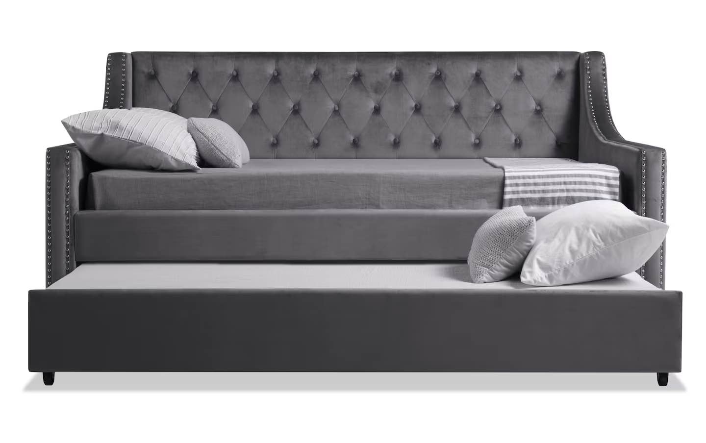 Chloe Full Gray Upholstered Daybed with Twin Trundle & 2 Perfection Mattresse INCOMPLETE 