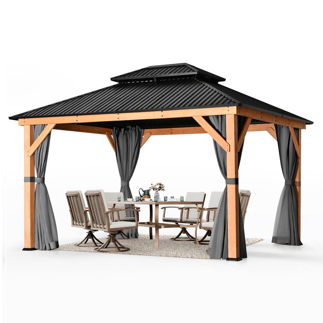 HAPPATIO 11'  13' Wood Gazebo, Outdoor Hardtop Gazebo with Mosquito Netting and Curtains, Double Metal Roof Patio Gazebo Hard Top Gazebo for Garden, Patio, Deck, Parties INCOMPLETE ( box 4 of 4) 