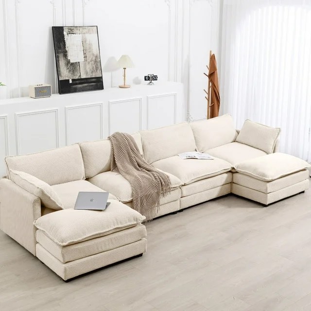 JUSTLET U-Shaped Sectional Sofa Set, Indoor Furniture Convertible Modular Corduroy Sectional Sofa Set with 2 Ottomans for Living INCOMPLETE ( box 3) 
