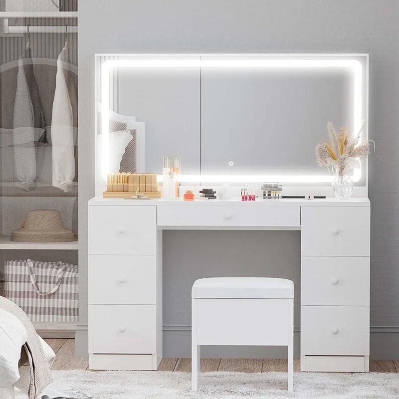 Makeup Vanity Desk with LED Lighted Mirror & Power Outlet & 7 Drawers