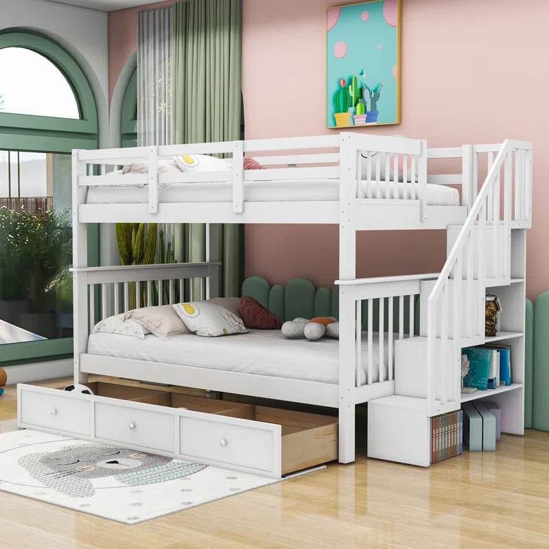 Harolene Kids Full Over Full 3 Drawers Wood Bunk Bed with Shelves INCOMPLETE ( box 1 of 3’ 