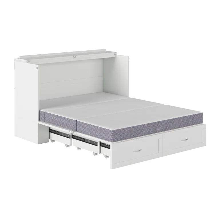 White Atiyah Solid Wood Storage Murphy Bed with Mattress, Drawer, and Built-in Charger