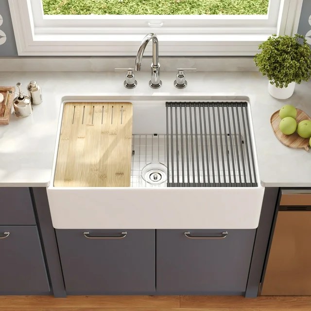 DV-1K0161W 33"L x 20"W Kitchen Sink, Farmhouse Workstation Sink with Cutting Board and Dish Drying Rack