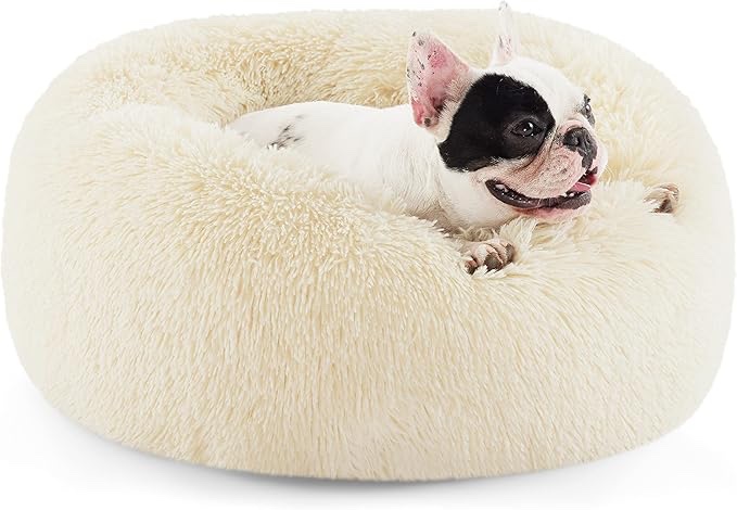Bedsure Calming Dog Bed for Small Dogs - Donut Washable Small Pet Bed, 23 inches Anti-Slip Round Fluffy Plush Faux Fur Large Cat Bed, Fits up to 25 lbs Pets, Camel