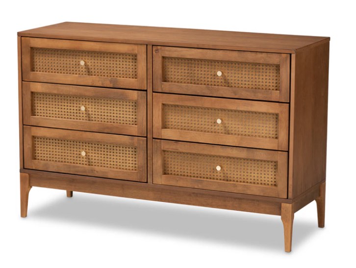 Ramiel Mid-Century Modern Ash Walnut Finished Wood And Rattan 6-Drawer Dresser