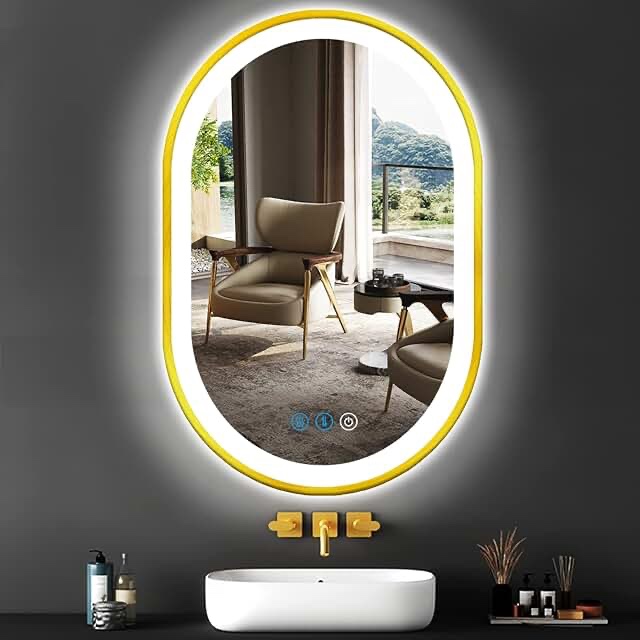 ARUMMA Gold Oval Lighted Mirror for Bathroom Wall Mounted 24 X 16 Inch Oval Vanity Mirror with Lights Gold Frame Oval LED Mirror 3 Color Dimmable Anti Fog 24 Inch Bathroom Oval Light up Smart Mirror