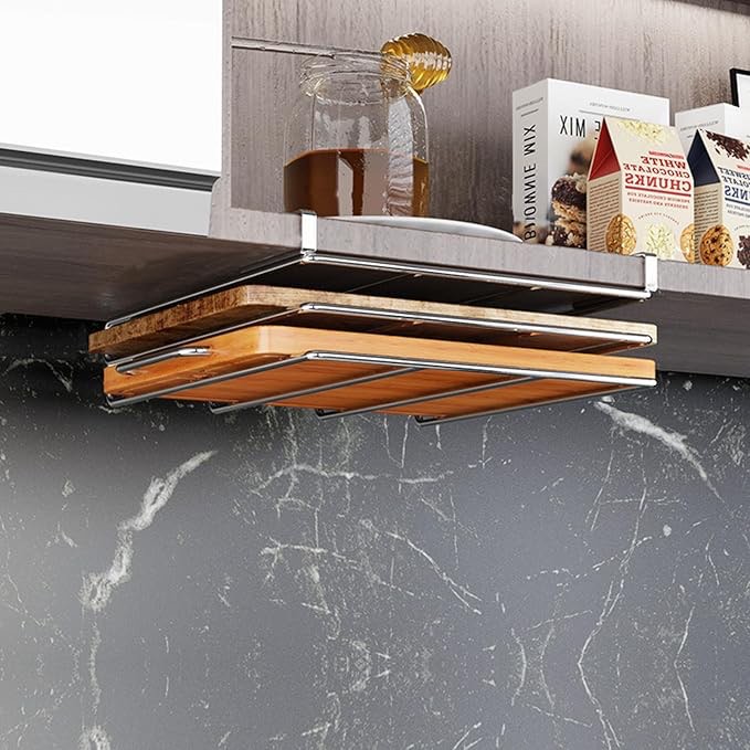 Bold and Thickened Under Cabinet Cutting Board Metal Holder Organizer, Stainless Steel Polished Under Shelf Counter Chopping Board Rack Storage for Cabinet Door (A-double layer)