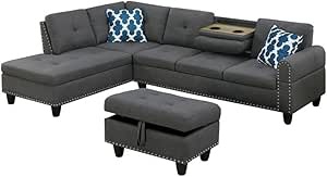 Devion Furniture Polyester Fabric Sectional Sofa with Ottoman-Gray(chaise only)
