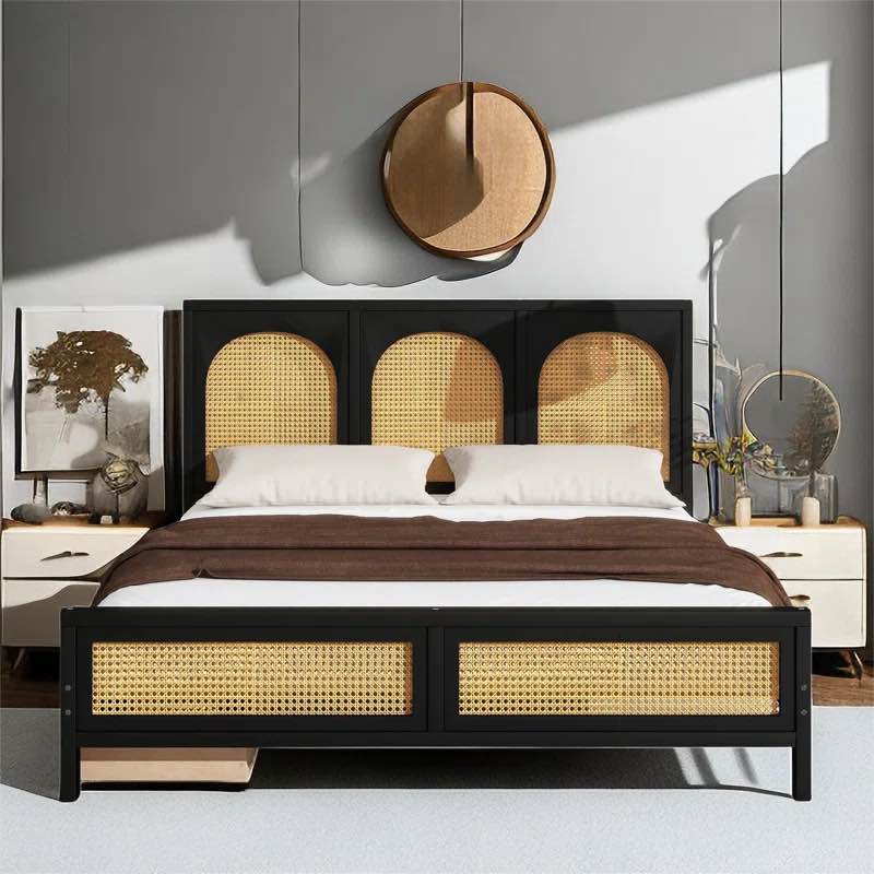 Aloysia Platform Storage Bed with Rattan Headboard and Footboard queen *incomplete,box 1/2 only*