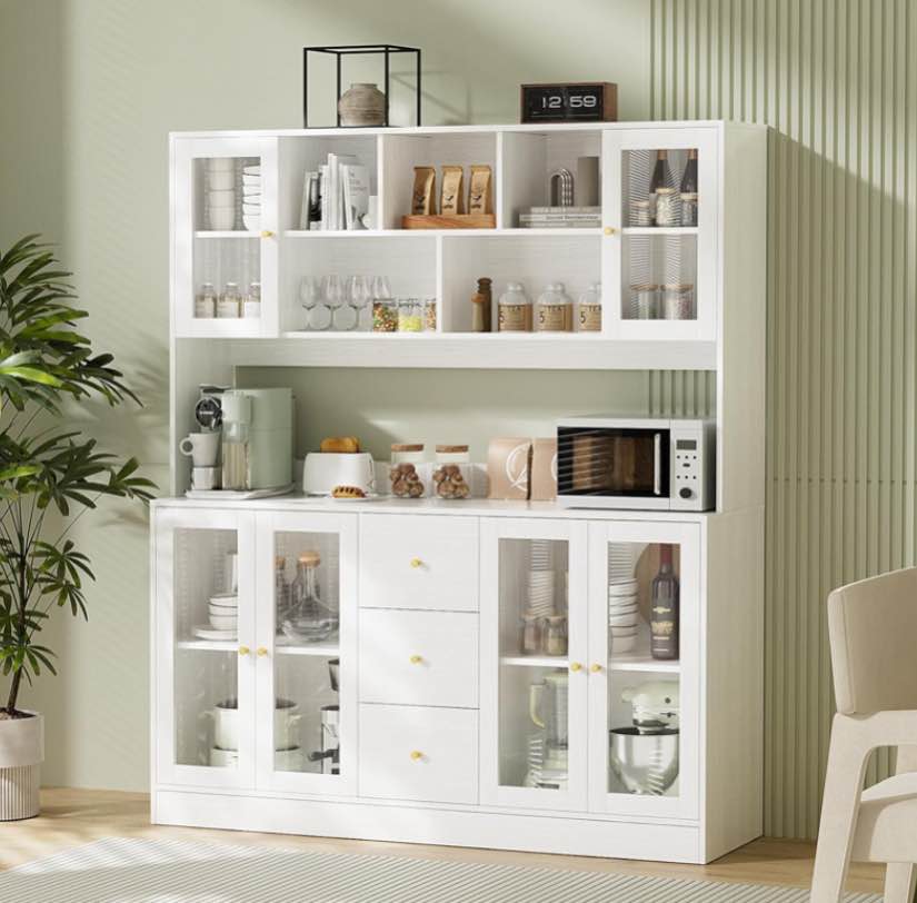 VOWNER Large Kitchen Hutch Cabinet, Kitchen Pantry Storage Cabinet with 6 Glass Doors, 3 Drawers  *incomplete,box a only* 