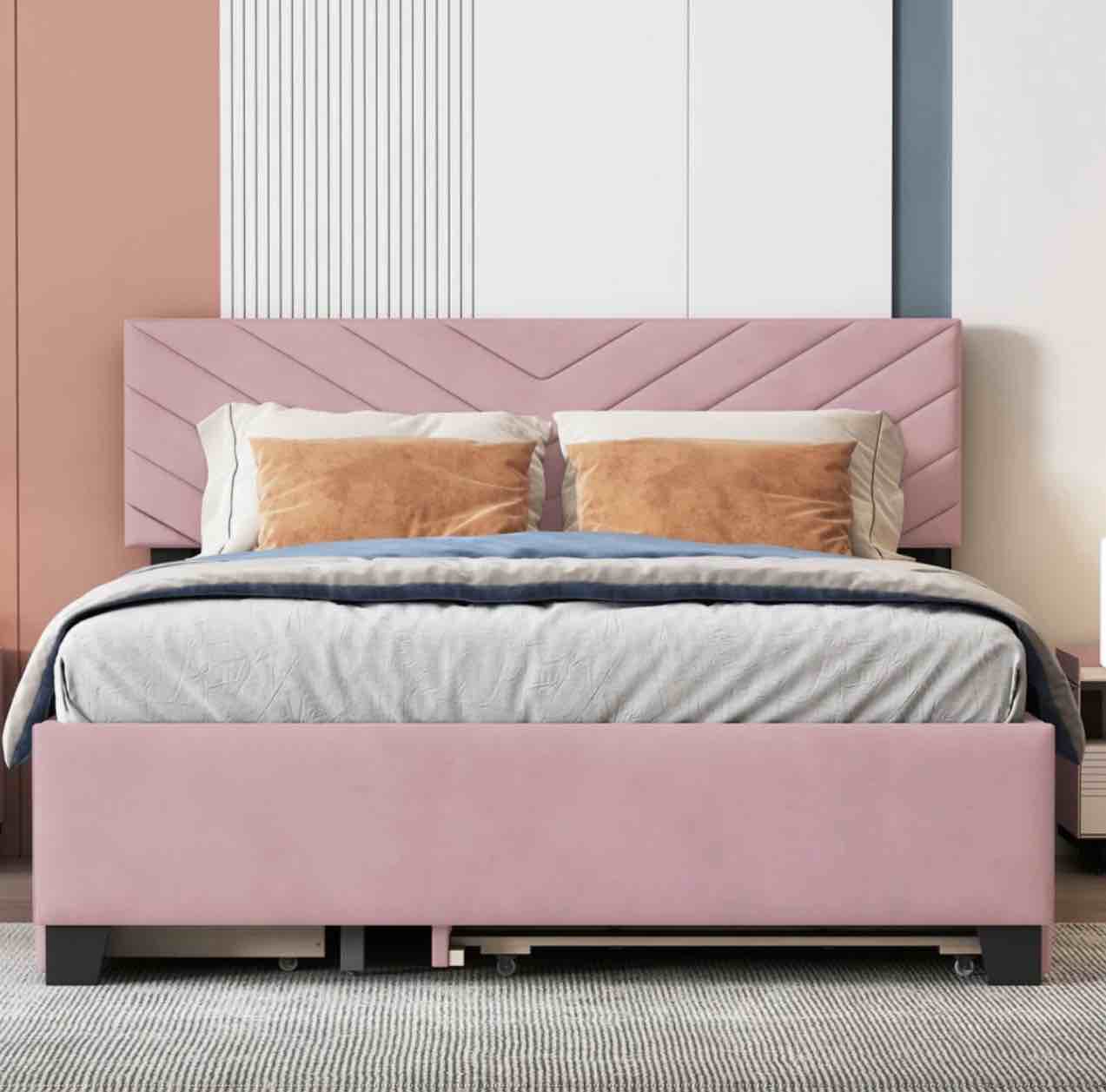 Pink Upholstered Bed full Size Platform Bed with Sleek Chevron Headboard, Pullout Trundle Bed and 2 Drawers *incomplete,box 1/2 only* *similar to stock photo* 