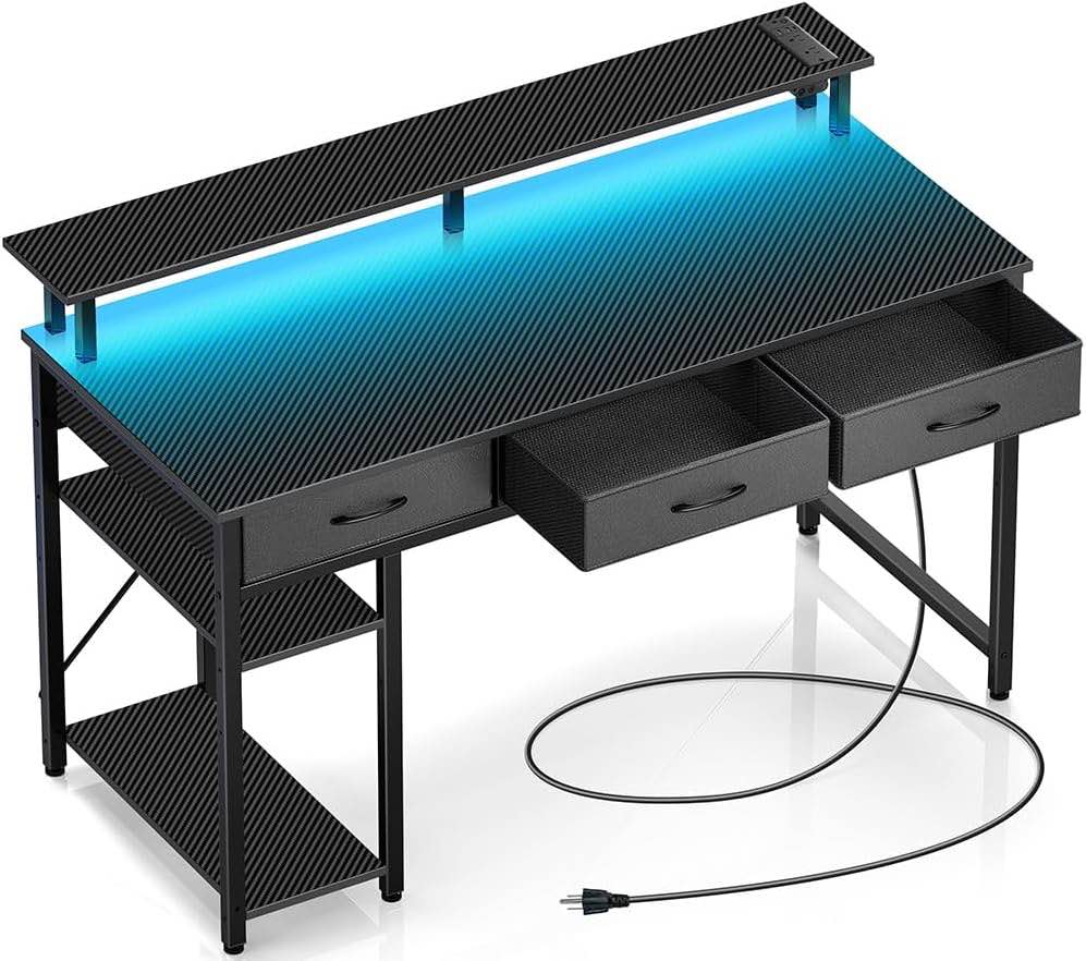 Rolanstar Computer Desk with Power Outlets & LED Light CPT031-V2-CBK