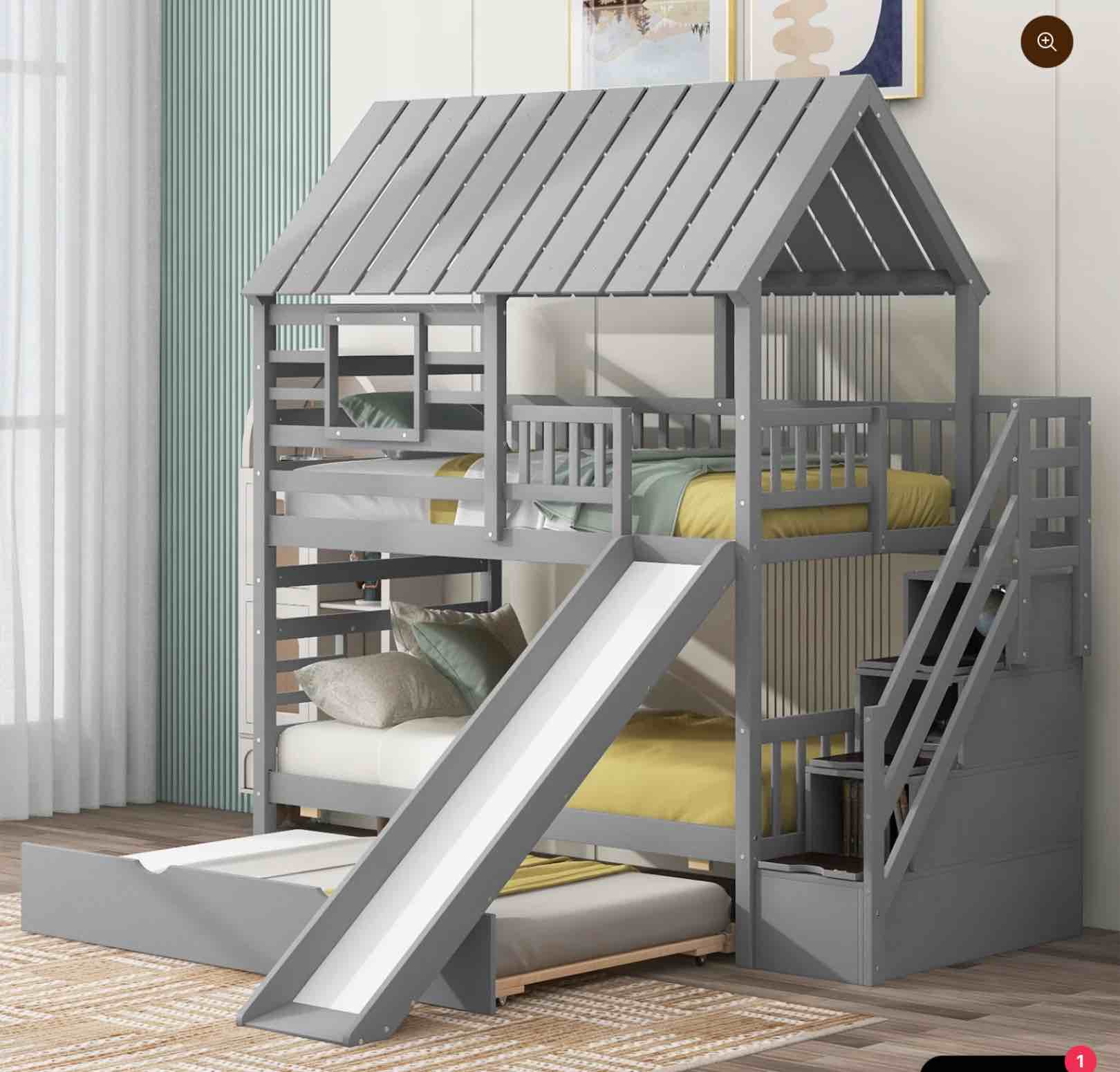TWIN OVER TWIN HOUSE BUNK BED WITH TRUNDLE AND SLIDE STORAGE STAIRCASE, ROOF AND WINDOW DESIGN GRAY WF315739AAE (incomplete box 1 of 3 only)