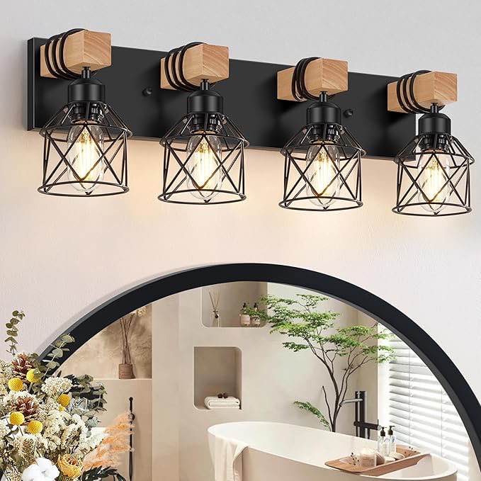 FadimiKoo 4-Light Rustic Style Wood Bathroom Vanity Light Fixtures