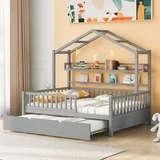 Aukfa Trundle Bed with Roof and Shelves, Wooden Full House Bed with Trundle - Gray *incomplete,box 2/2 only* *similar to stock photo* 