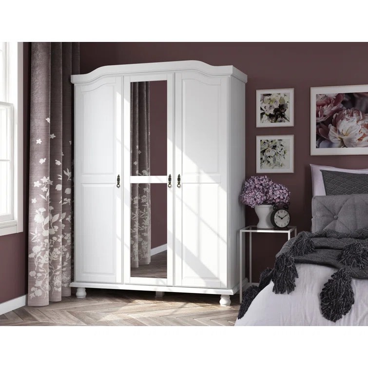 White Anass Kyle 100% Solid Wood 3-door Wardrobe Armoire with Mirrored Door *incomplete,box 3/4 only*